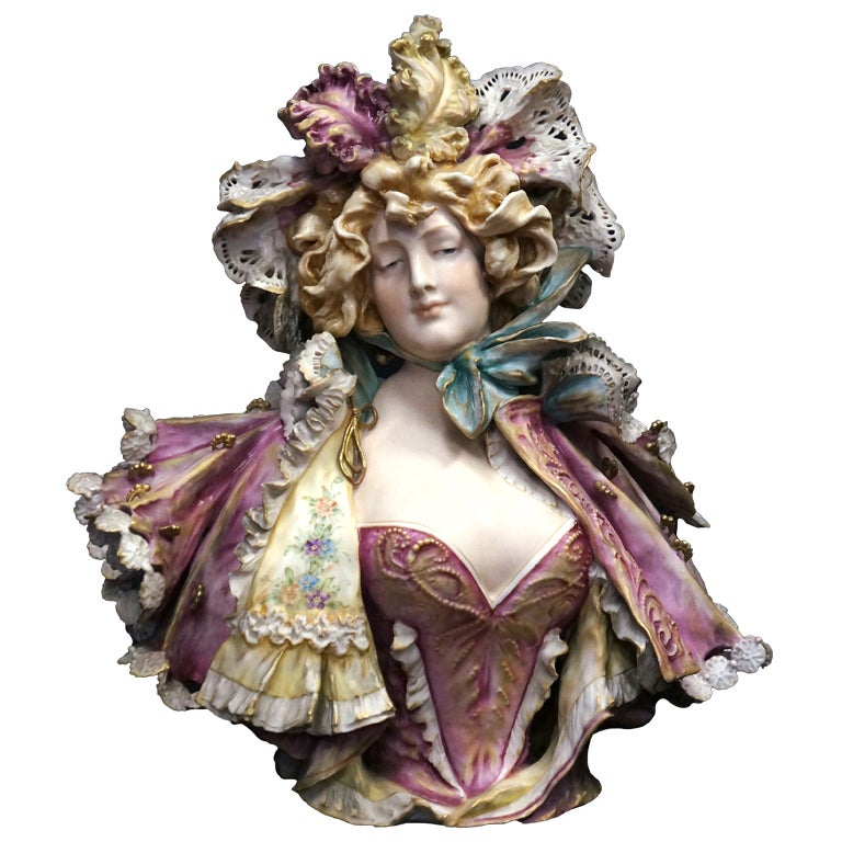 RSK Art Nouveau Amphora Bust of Beautiful Maiden in Fancy Cape For Sale