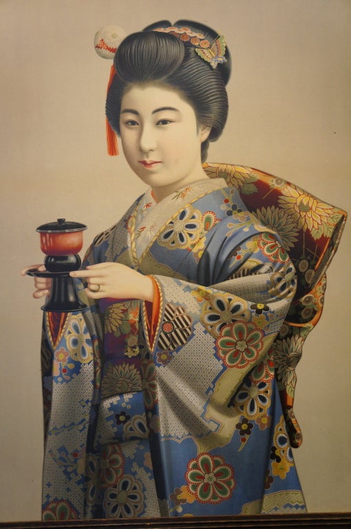 20th Century Beautiful Japanese Geisha Girl with Teapot, Original Lithograph For Sale