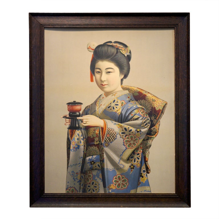 Beautiful Japanese Geisha Girl with Teapot, Original Lithograph For Sale