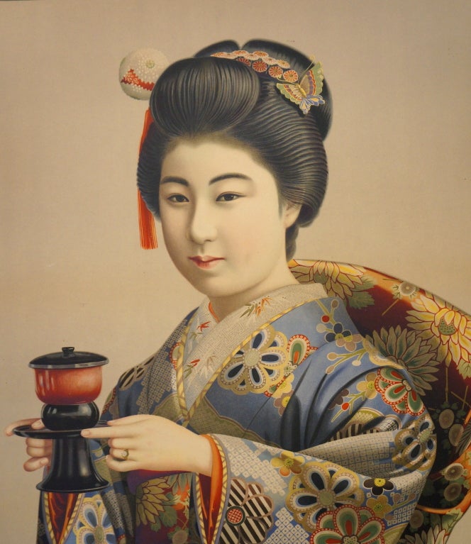 Paper Beautiful Japanese Geisha Girl with Teapot, Original Lithograph For Sale