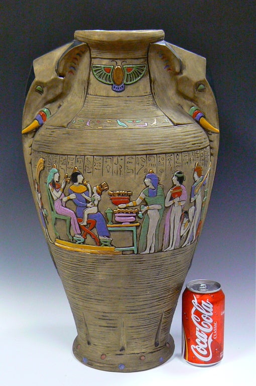 Glazed Julius Dressler Egyptian Revival Urn For Sale