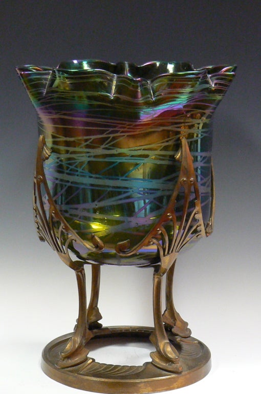 Austrian Monumental Kralik Loetz Type Vase in Art Nouveau Metal Holder