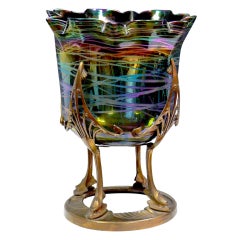 Monumental Kralik Loetz Type Vase in Art Nouveau Metal Holder