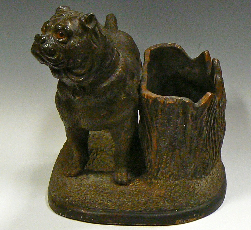 Austrian Antique Mastiff Bulldog w Glass Eyes Pottery Dog Cigar Holder