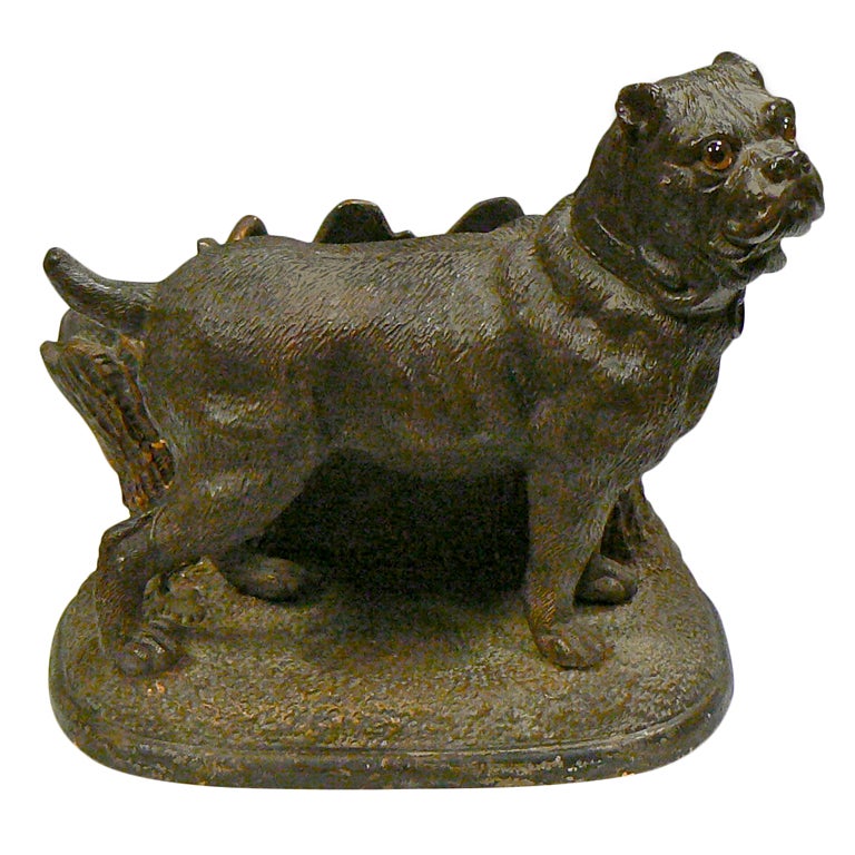 Antique Mastiff Bulldog w Glass Eyes Pottery Dog Cigar Holder