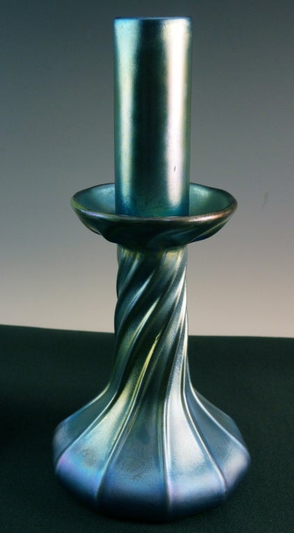 American Pair Tiffany Blue Favrile Candlesticks with Inserts For Sale