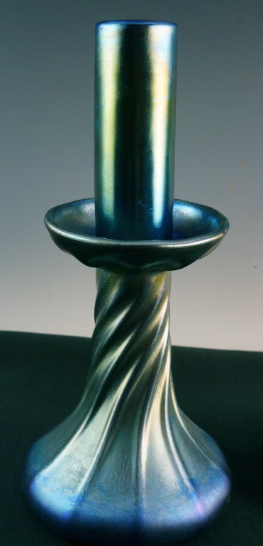 20th Century Pair Tiffany Blue Favrile Candlesticks with Inserts For Sale