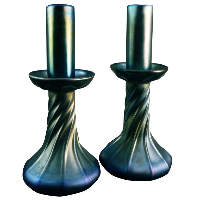 Pair Tiffany Blue Favrile Candlesticks with Inserts For Sale