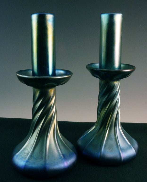 Pair Tiffany Blue Favrile Candlesticks with Inserts For Sale 2