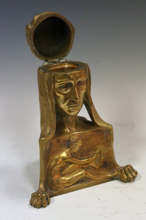 Art Nouveau Dore' Bronze Inkwell Maiden and Nude Scribe