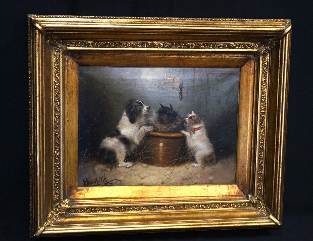 These three little dogs are peering into a crock that perhaps contains their steaming dinners. 

 This oil on canvas is by George Armfield (1808-1893) a most highly successful painter of animals during the victorian period; he was able to convey