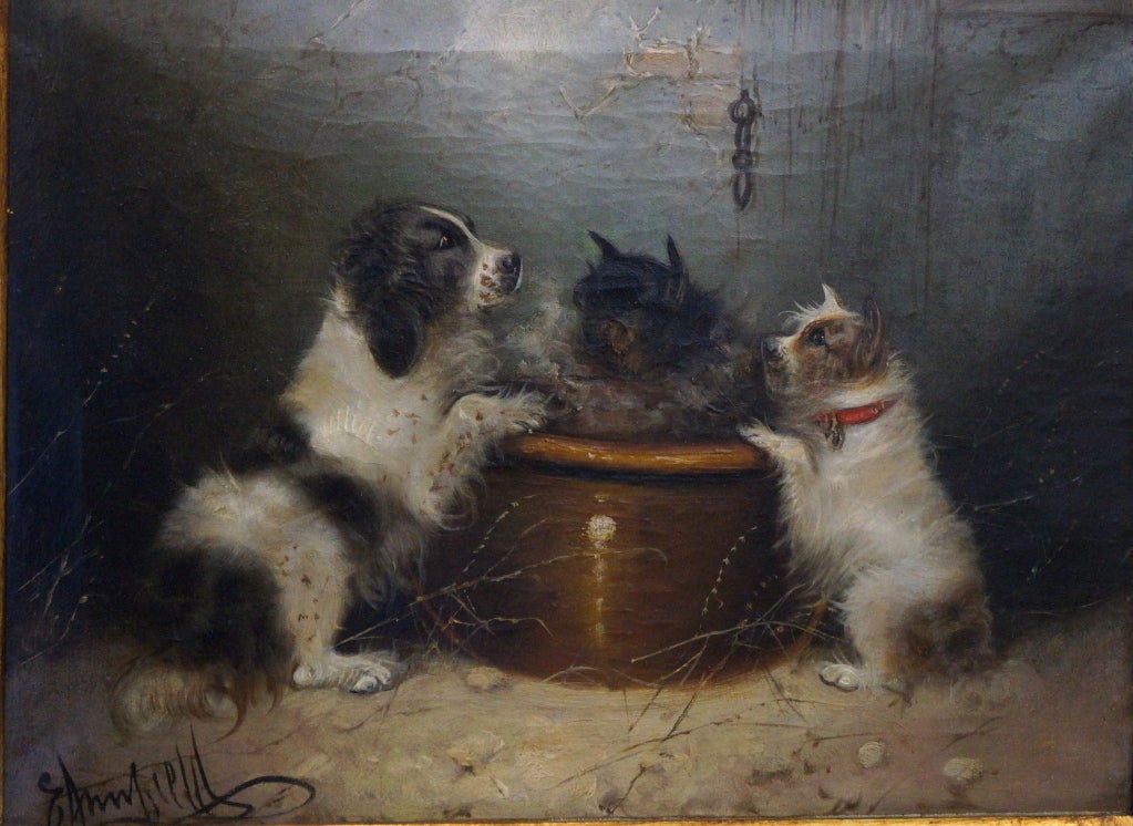 English George Armfield Oil Painting, Three Dogs Peering Into a Crock For Sale