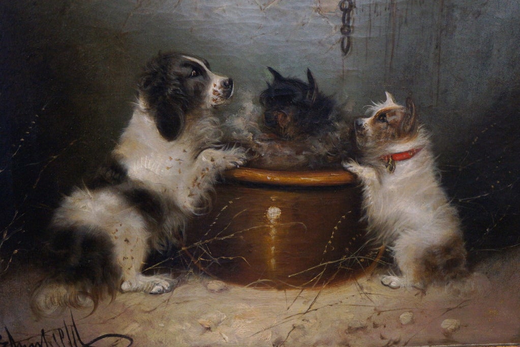 19th Century George Armfield Oil Painting, Three Dogs Peering Into a Crock For Sale