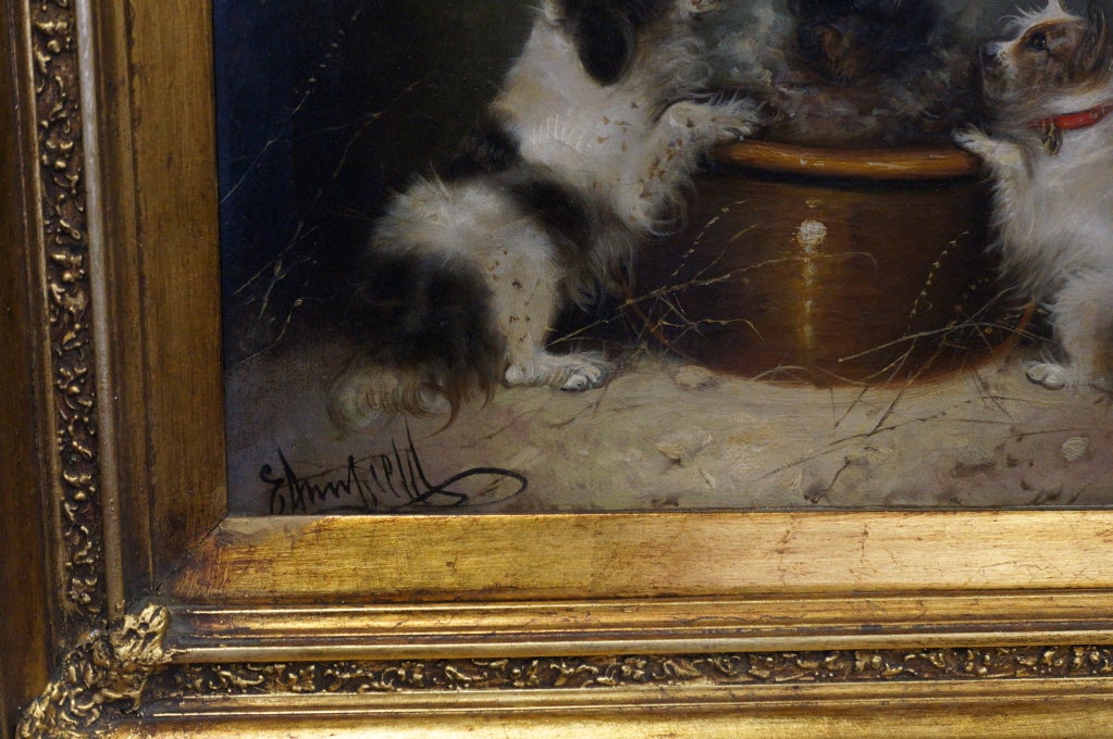 Canvas George Armfield Oil Painting, Three Dogs Peering Into a Crock For Sale
