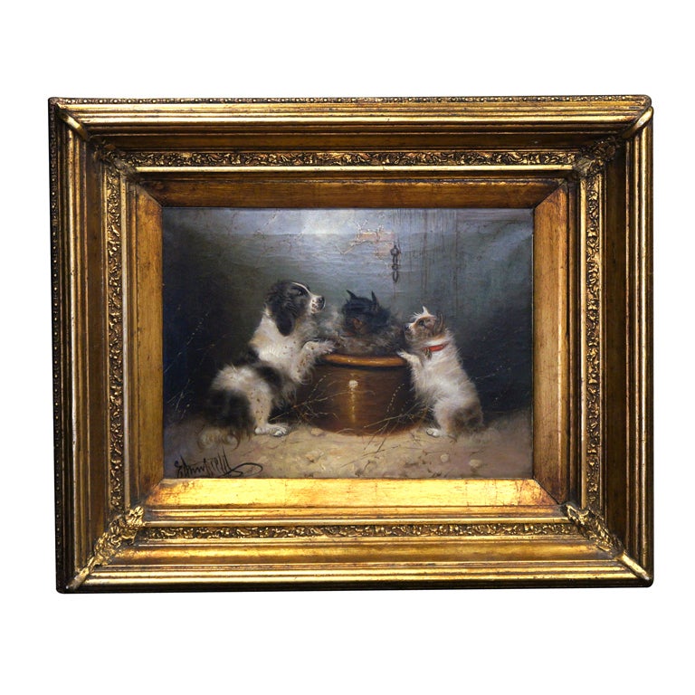 George Armfield Oil Painting, Three Dogs Peering Into a Crock For Sale