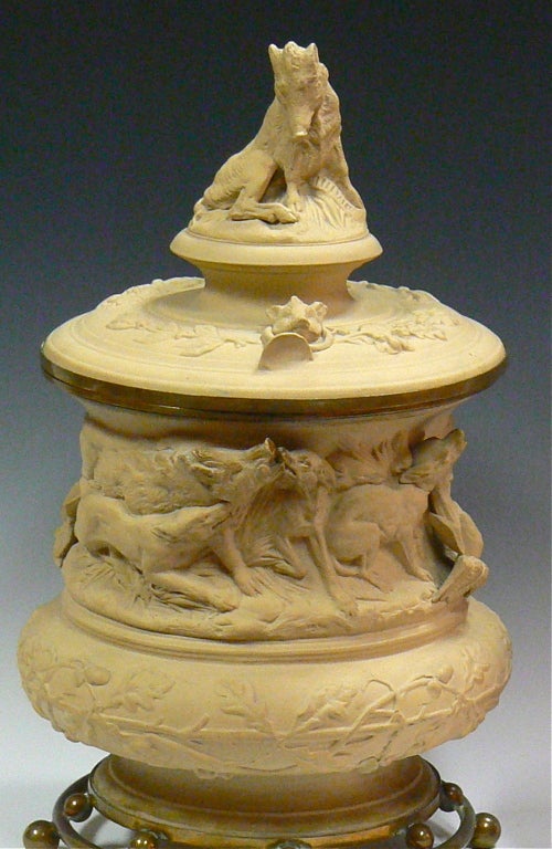 19th Century Sarreguemines Pottery Tobacco Humidor,  Hunting Scenes For Sale