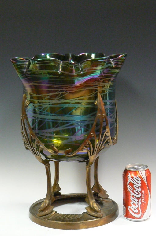 20th Century Monumental Kralik Loetz Type Vase in Art Nouveau Metal Holder