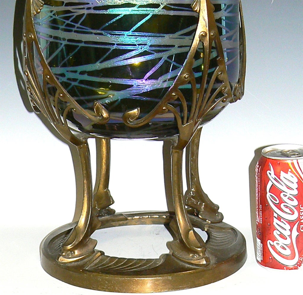Monumental Kralik Loetz Type Vase in Art Nouveau Metal Holder 1