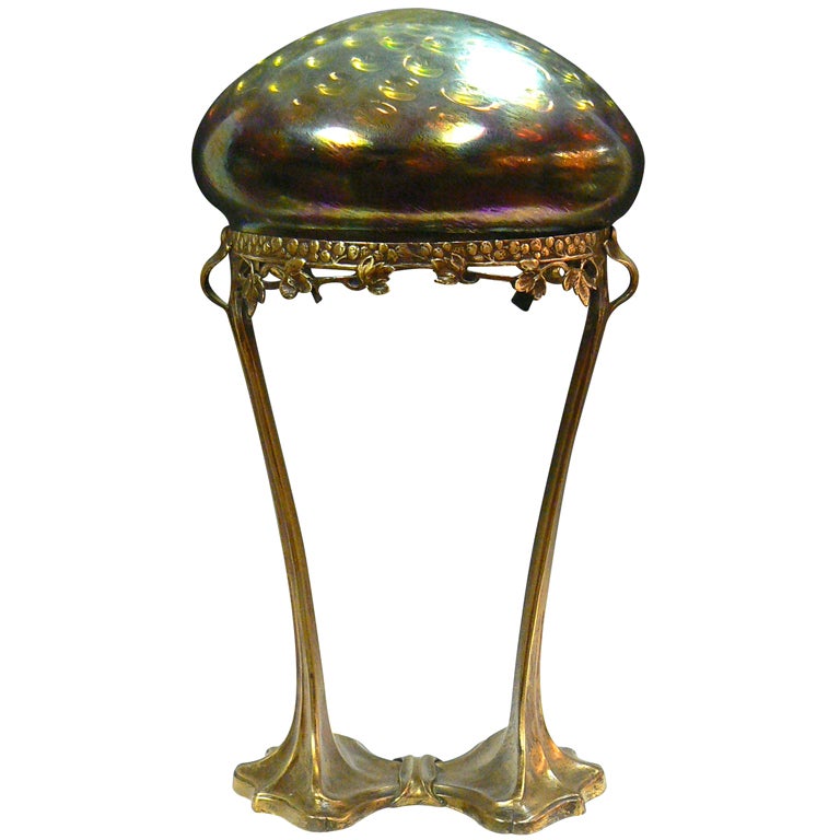Art Nouveau Bronze, Iridescent Glass  Lamp, Hermann Eichberg For Sale