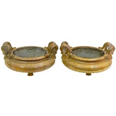 Antique Pair Iridescent Pottery Planter, Satyrs , Clement Massier