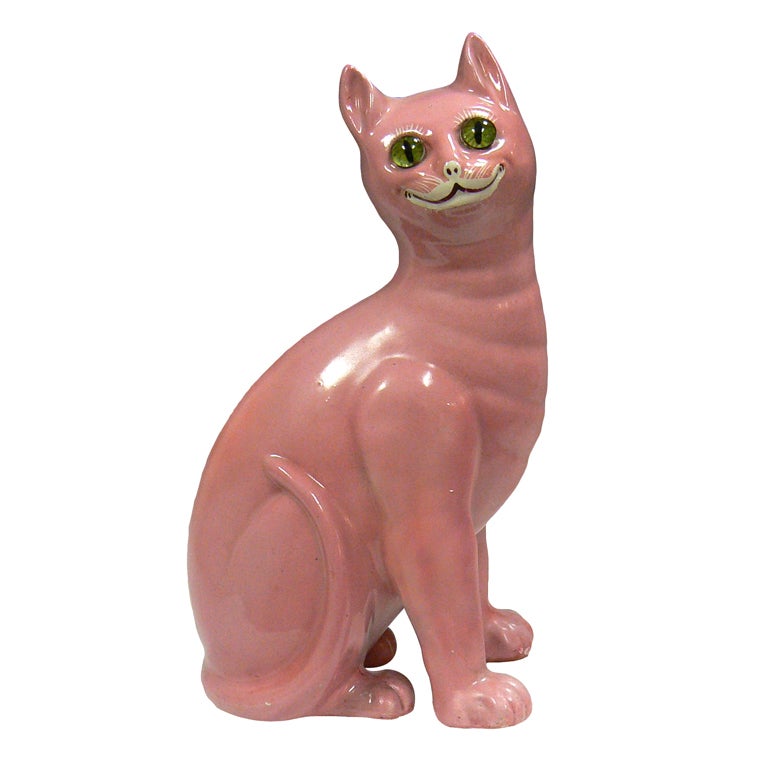Pink Ceramic Cat w/Glass Eyes, Mid Century after Galle' For Sale