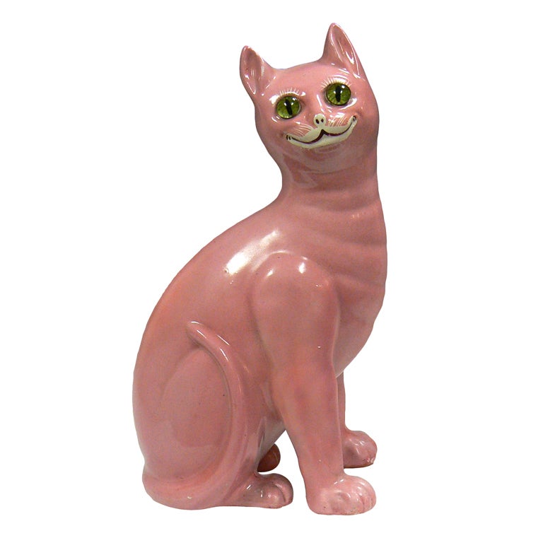 Pink Ceramic Cat w/Glass Eyes, Mid Century after Galle
 For Sale
