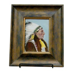 Antique Limoges Painting on Porcelain Plaque, Indian Chief, Signed