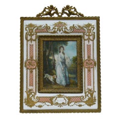 Painting on Ivory, Lady w/Dog, Ornate Enameled Bronze Frame