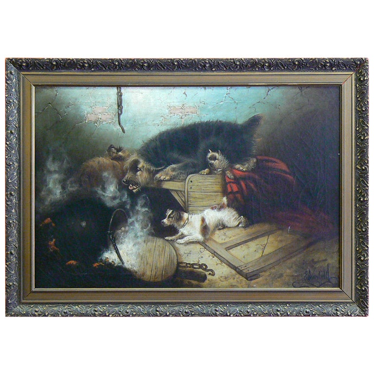 Terriers Hard at Work, Oil Painting by Edward Armfield For Sale