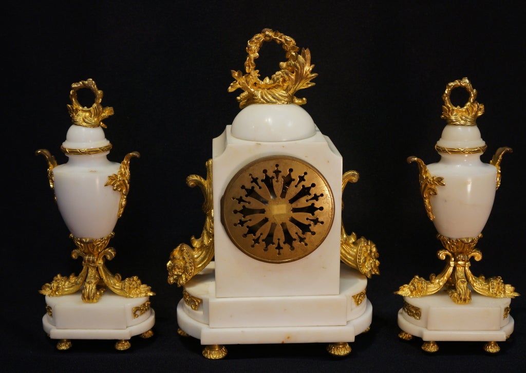 3 Piece French Louis XV Marble and Dore' Bronze Clock Set c.1890
