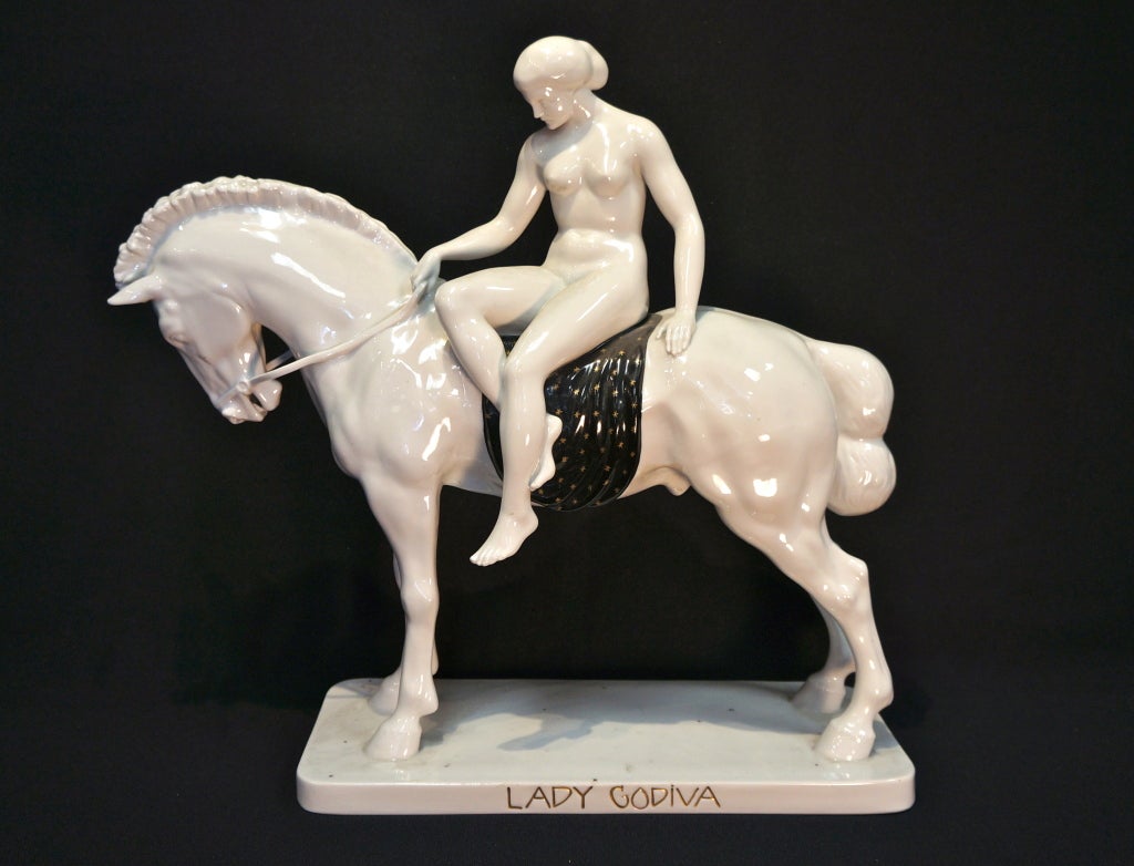 Lady Godiva is signed by the Fraureuth Porzellan Factory (Romer & Foedisch);   the factory produced high quality porcelain ware between 1866-1926, Saxony, Germany. This figurine is artist signed 
