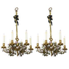 Pair of 19th century French Gilt Bronze and Porcelain Flowers Chandeliers