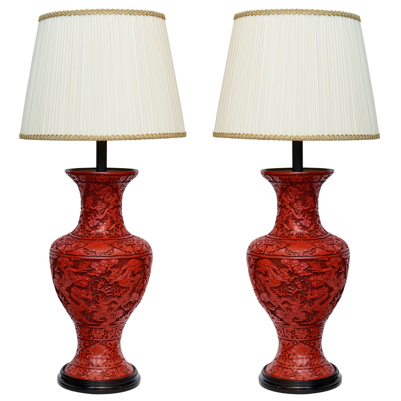 A Massive Pair Of Red Lacquered Cinnabar Lamps. 19th Century