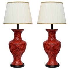 Antique A Massive Pair Of Red Lacquered Cinnabar Lamps. 19th Century