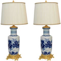 Pair of Chinese Blue and White Porcelain Bronze-Mounted Lamps