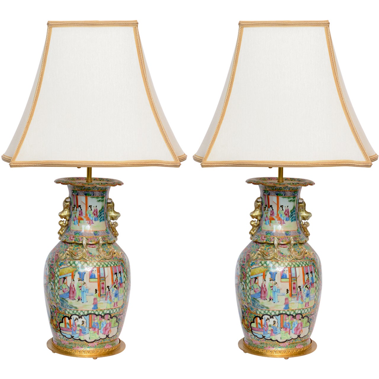 A Pair Of 19th Century  Chinese Porcelain Rose Medallion Lamps.