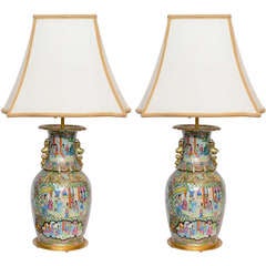 A Pair Of 19th Century  Chinese Porcelain Rose Medallion Lamps.