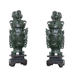 Pair of Solid Jasper Jade, Premium Green Color, Palace Vases
