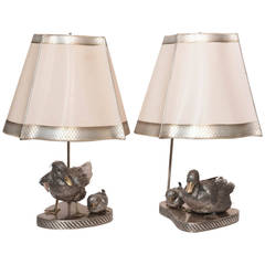 Adorable Pair of Sterling Silver Four-Piece Duck Family Lamps