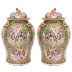 Pair of 19th Century Canton Palette Rose Medallion Covered Jars