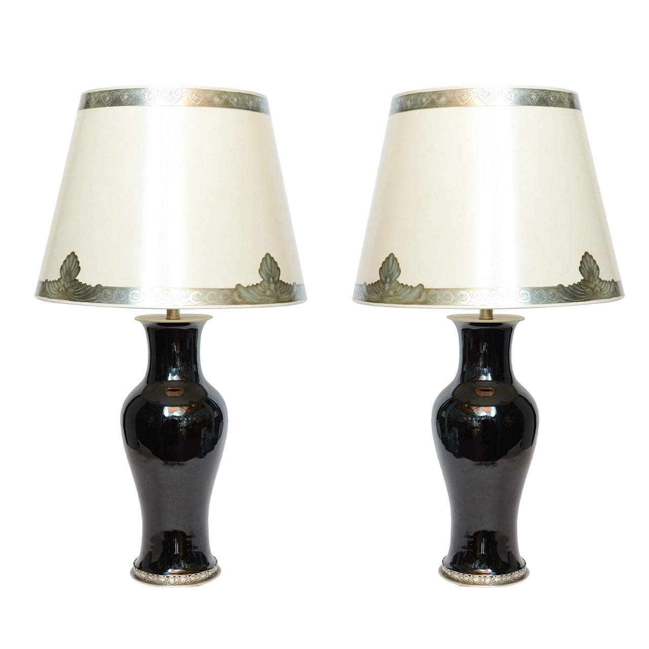A Pair Of Chinese Porcelain Black Mirror Glazed Vase Lamps
