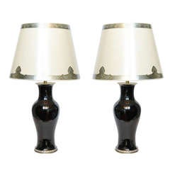 A Pair Of Chinese Porcelain Black Mirror Glazed Vase Lamps