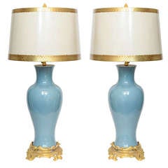 Pair of Powder Blue Glazed Chinese Porcelain Bronze Base Mounted Lamps