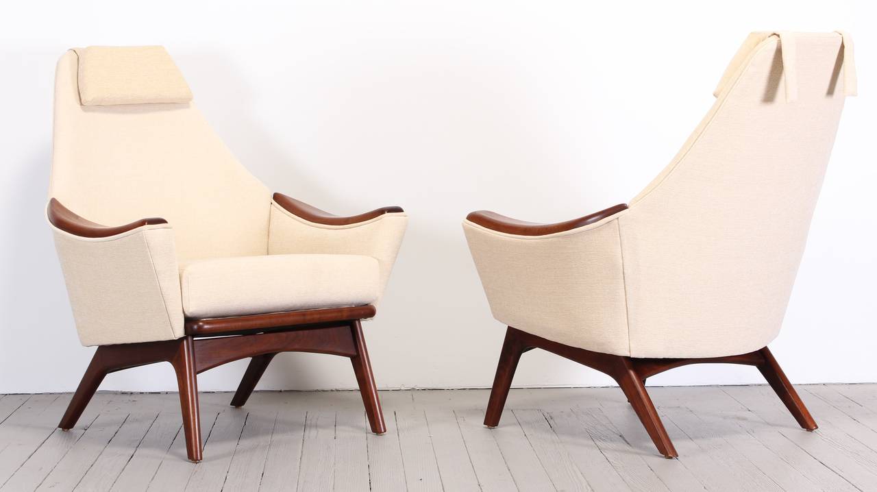 A pair of Adrian Pearsall lounge chairs. Newly restored finish to wood. Newly upholstered in wheat by Pindler and Pindler.