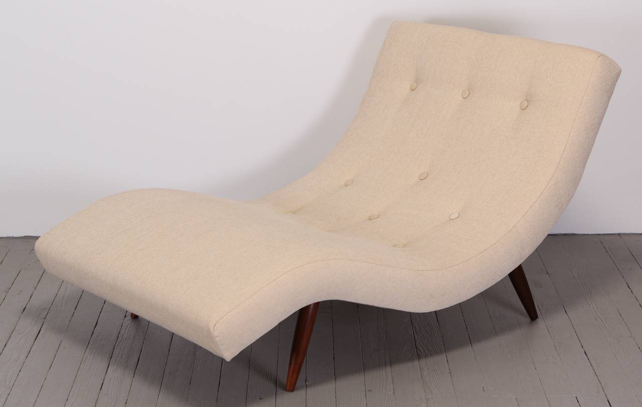 Adrian Pearsall wave lounge. Newly upholstered with wheat Pindler and Pindler. Newly refinished wood. Two available.