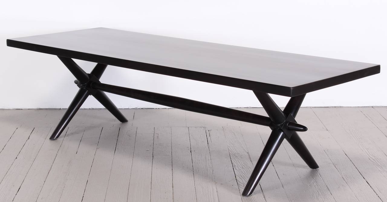 T.H. Robsjohn-Gibbings X-based cocktail or coffee table in beautiful newly restored ebonized stain by Alternative Furnishings Inc. 