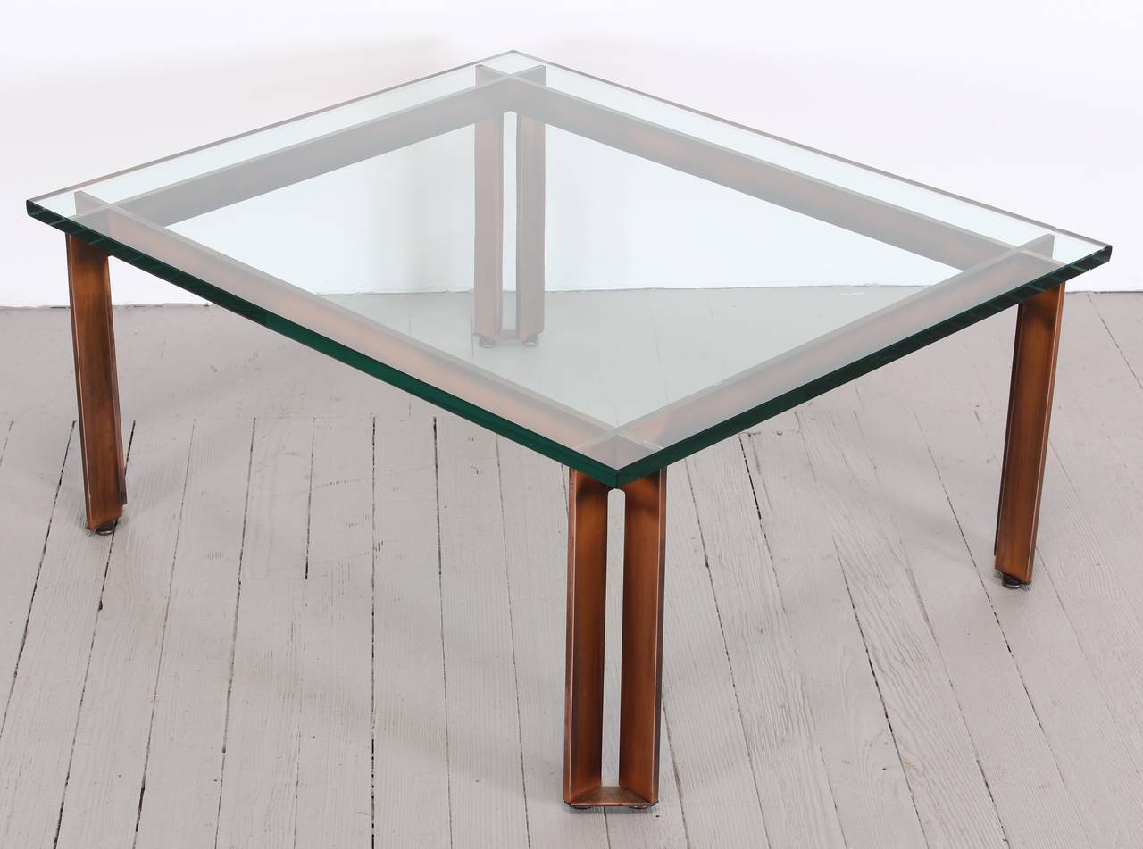 Beautifully designed cocktail or coffee table by James Howell. Each of the four legs have a intersecting frame. Designed for TriMark and documented in the 1966 Furniture Forum Annual. Glass not included. Measurements given, are without the glass.