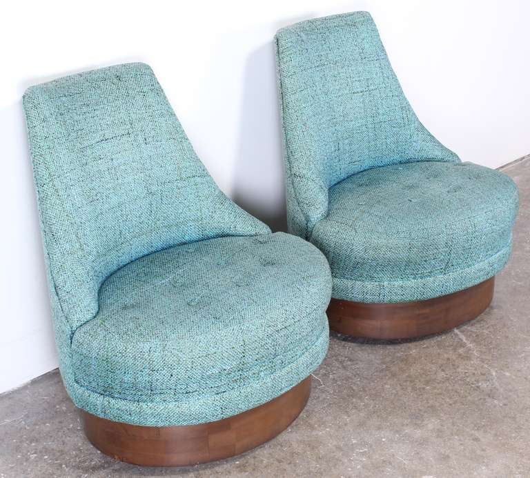 1950's Adrian Pearsall Style swivel chairs in original woven turquoise fabric.