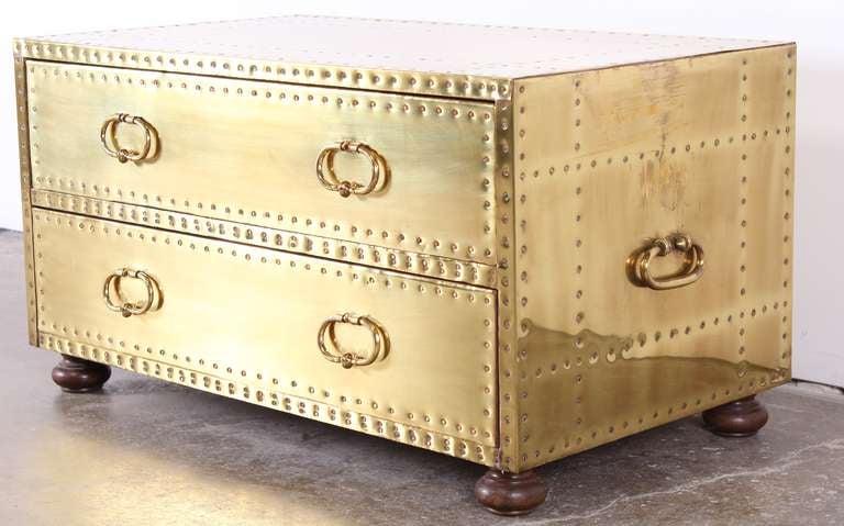 1960's Sarried brass trunk chest. Beautifully studded with four decorative brass pulls.