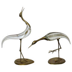 Pair of Chapman Crystal and Brass Egret Sculptures
